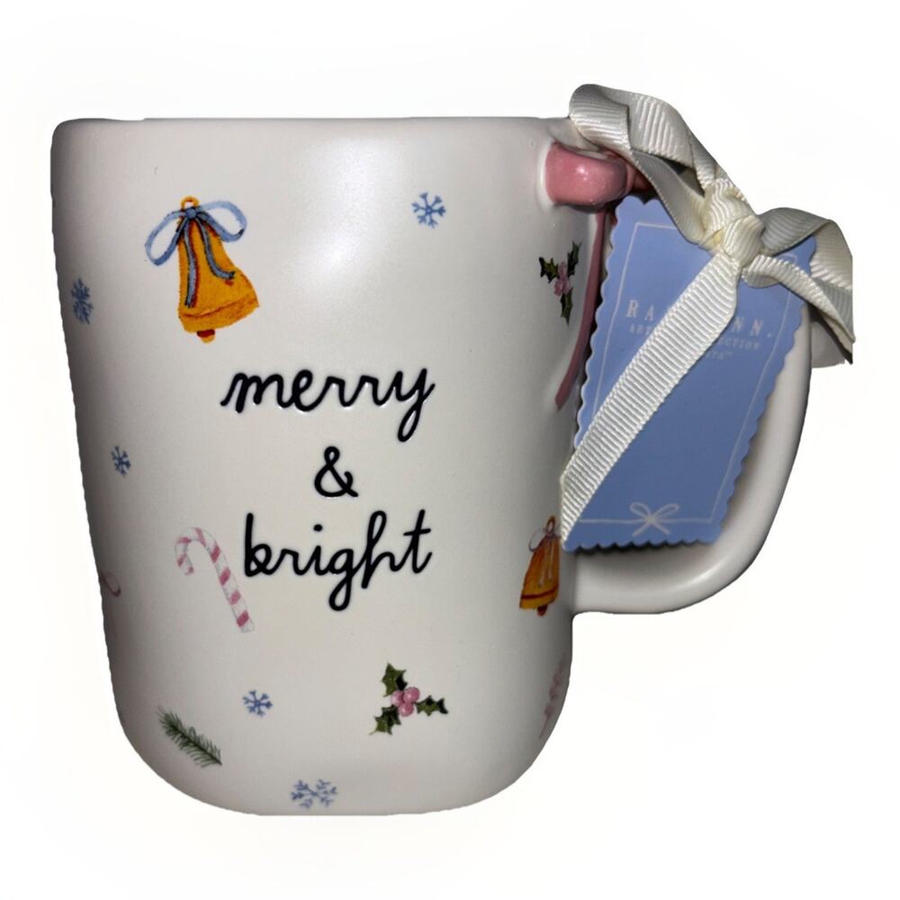Rae Dunn Pink "Merry And Bright" Christmas Mug Candy Cane Holly Bells Snowflakes